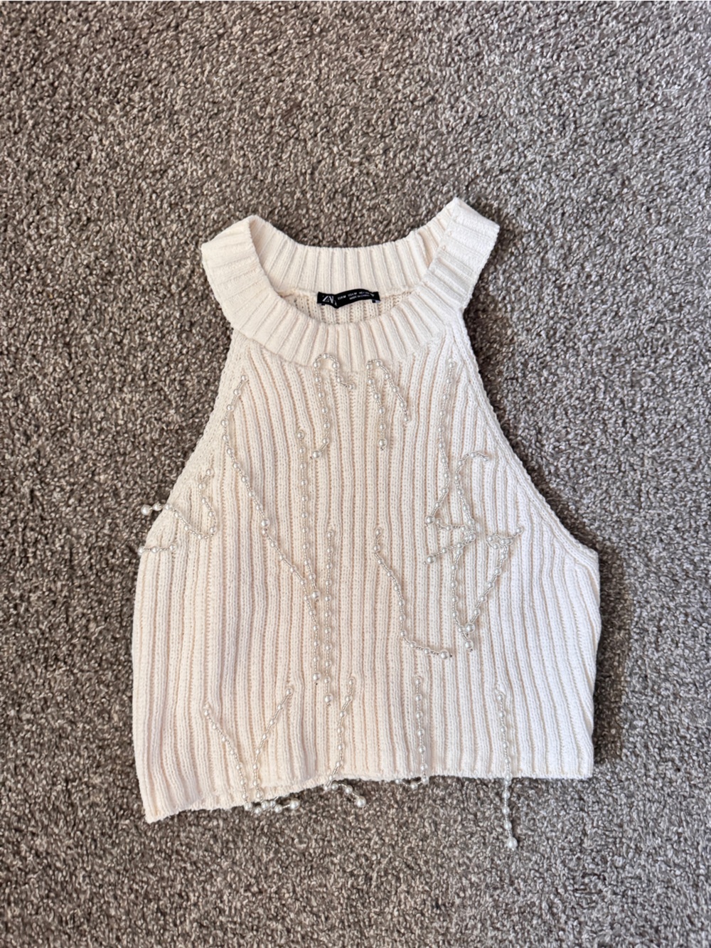 Cream Ribbed Knit Skirt with Bead Embellishment